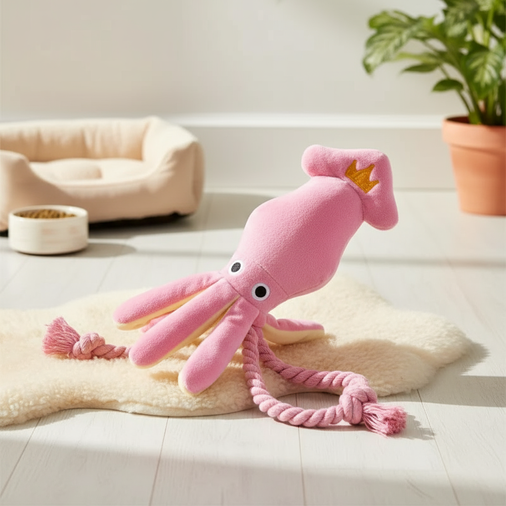 Luxury Dog Toys - Plush Soft Squid Octopus Puppy/Dog Toy with Squeaker and Rope